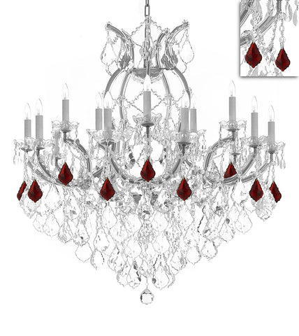 Maria Theresa Chandelier Crystal Lighting Chandeliers Lights Fixture Pendant Ceiling Lamp for Dining room, Entryway , Living room H38" X W37" - Dressed w/Ruby Red Crystals - A83-B98/SILVER/21510/15+1
