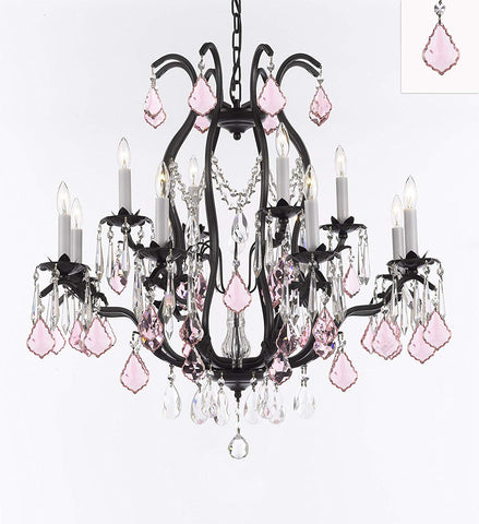 Wrought Iron Crystal Chandelier Lighting Chandeliers H30" x W28" Dressed with Swarovski Crystals and with Pink Crystals! Great for Bedroom, Kitchen, Dining Room, Living Room, and more! - F83-B110/3034/8+4SW