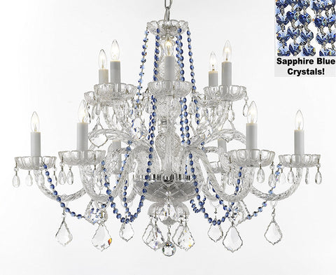 AUTHENTIC ALL CRYSTAL CHANDELIER CHANDELIERS LIGHTING WITH SAPPHIRE BLUE CRYSTALS PERFECT FOR LIVING ROOM, DINING ROOM, KITCHEN H32" W27" - F46-B82/385/6+6
