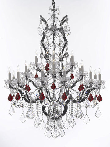 Swarovski Crystal Trimmed Chandelier 19th C. Baroque Iron & Crystal Chandelier Lighting Dressed with Ruby Red Crystals H 52" x W 41" - Great for the Dining Room, Foyer, Entry Way, Living Room - G83-B98/996/25SW