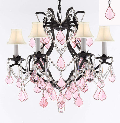 Wrought Iron Crystal Chandelier Lighting Chandeliers H19" x W20" Dressed with Swarovski Crystals and with Pink Crystals and White Shades! Great for Bedroom, Kitchen, Dining Room, Living Room, and more - F83-B20/WHITESHADES/3530/6SW