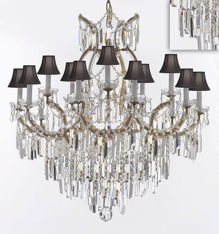 Maria Theresa Chandelier Crystal Lighting Chandeliers w/Optical Quality Fringe Prisms! Great for the Dining Room, Foyer, Entry Way, Living Room! H38" X W37" w/Black Shades - A83-B8/BLACKSHADES/21510/15+1