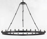Set of 2-1 Wrought Iron Vintage Barn Metal Castile One Tier Chandelier Industrial Loft Rustic Lighting W 63" H 49" and 1 Wrought Iron Vintage Barn Metal Castile One Tier Chandelier W 50" H 48" - 1EA G7-3428/30 + 1EA G7-3428/24