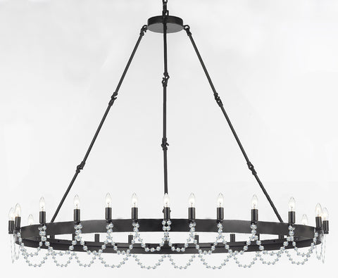 Wrought Iron Vintage Barn Metal Castile One Tier Chandelier Chandeliers Industrial Loft Rustic Lighting W 63" H 49"- Dressed with Crystal - Great for The Living Room, Dining Room, Foyer and Entryway, Family Room, and More - G7-B12/3428/30